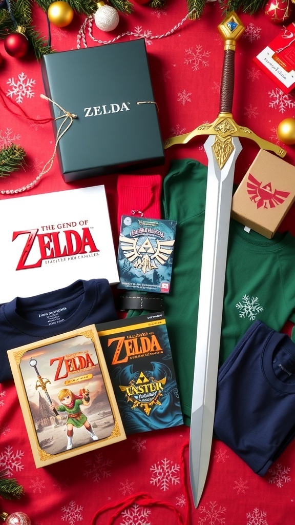 A collection of Legend of Zelda gifts including a Master Sword, art book, and clothing on a festive holiday backdrop.